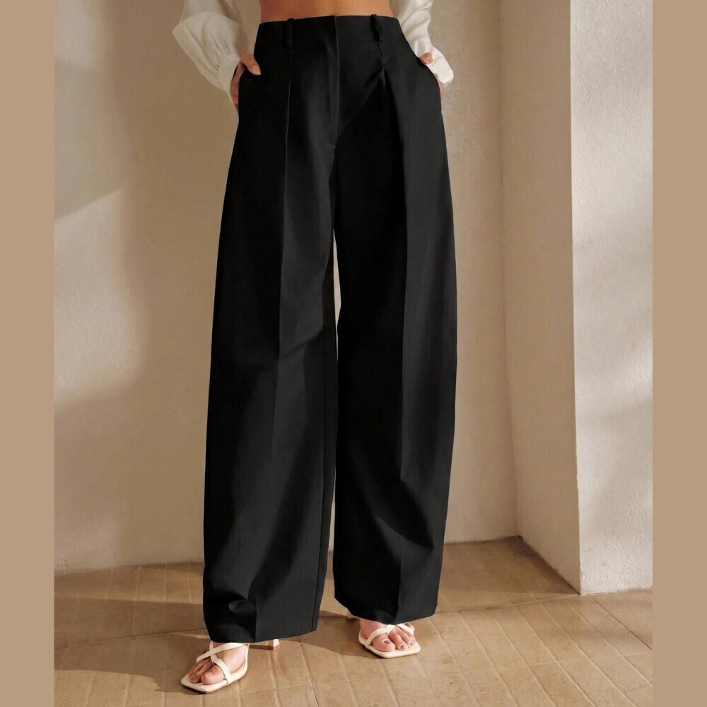 Black Woven Pleated Front Wide Barrel Leg High Waist Trousers